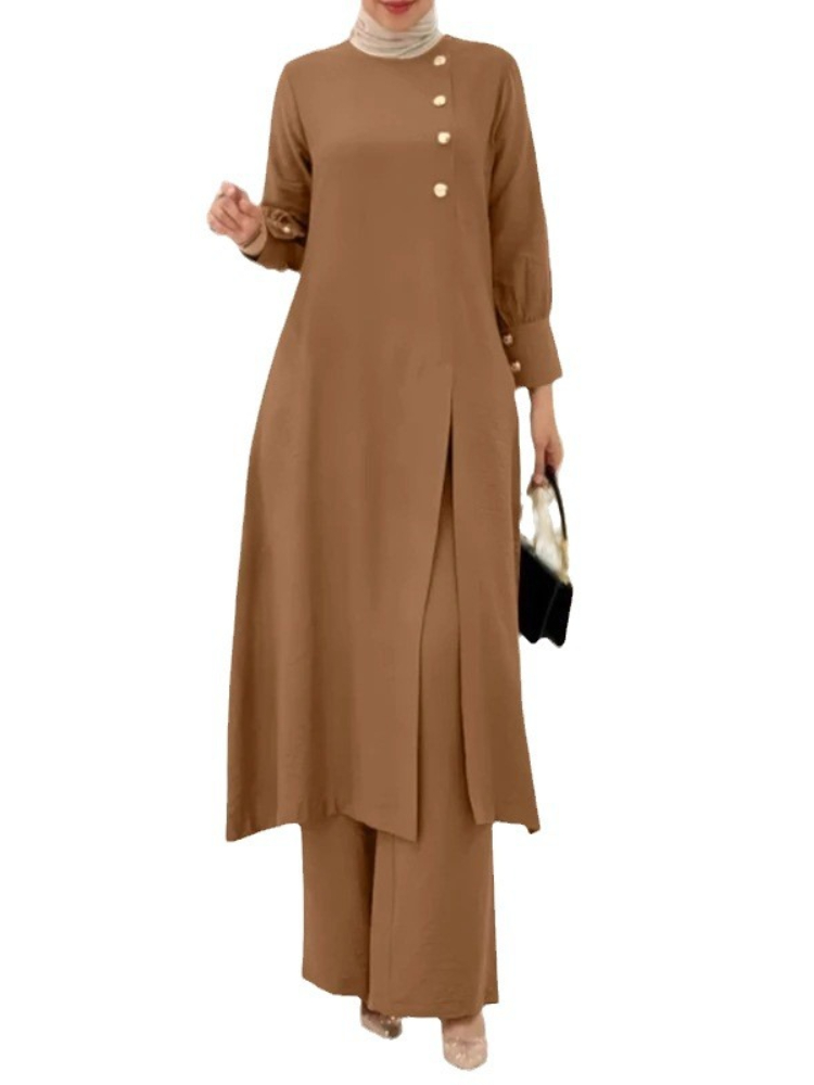Ramadan femmes Eid musulman deux pièces Ensemble chemisier fendu et pantalon Musulman Ensemble bouton chemise pantalon correspondant ensembles Femme Abaya 2024