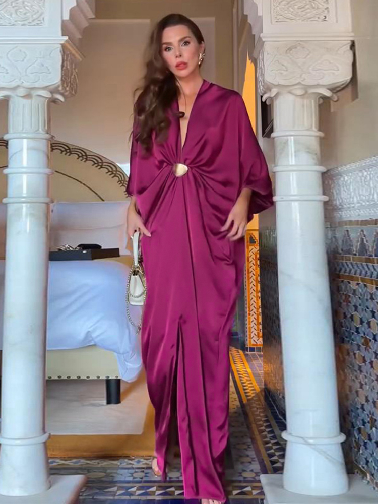 Robe longue chic en satin pour femme, col en V, manches chauve-souris longues, boucle dorée, collection été 2026, robes de soirée pour femme