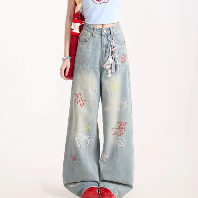 Jean pour femme Y2k pantalon rétro délavé Denim jambe droite pantalon à jambes larges dessin animé broderie conception confortable usage quotidien