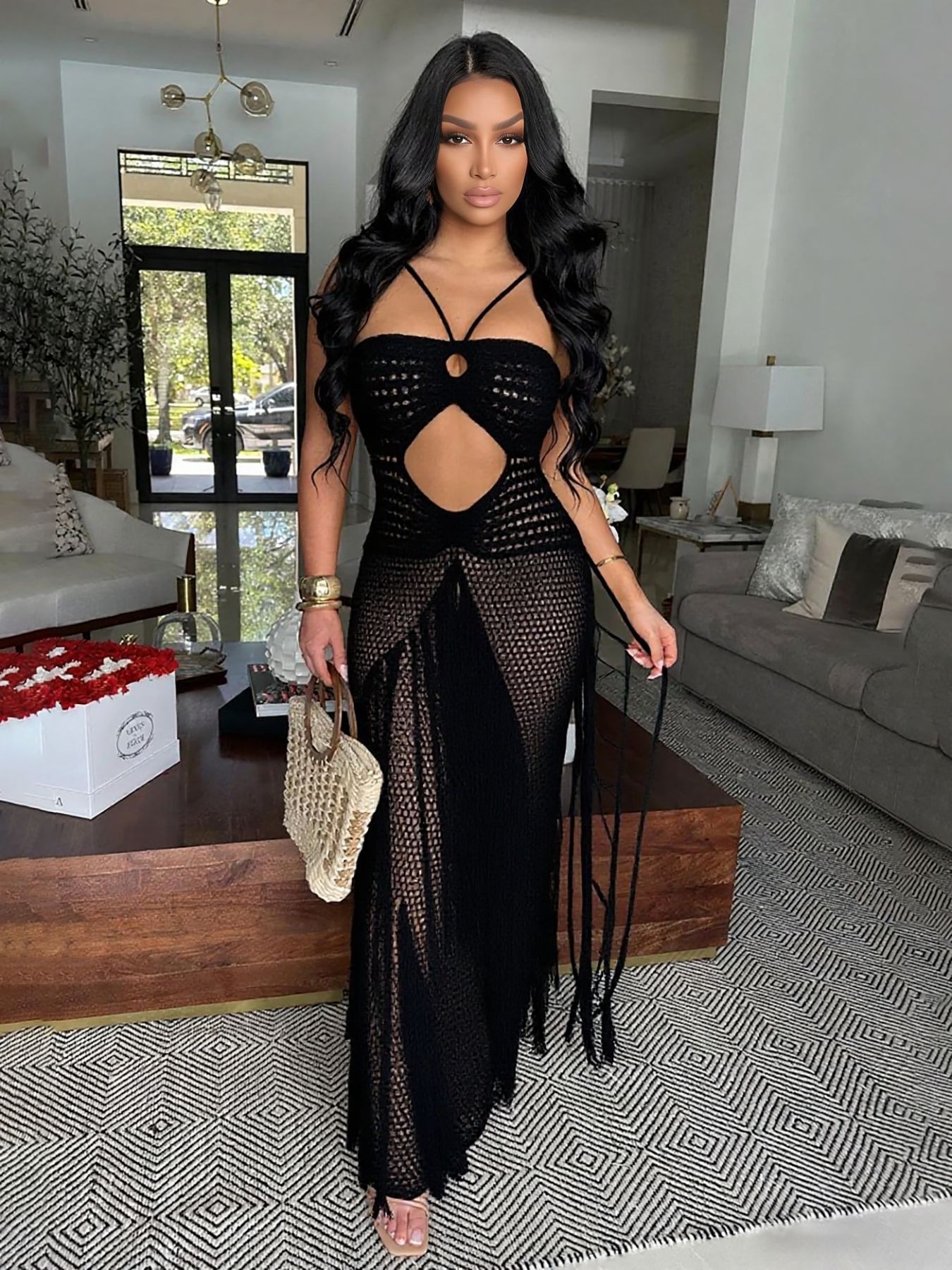 Robe de soirée élégante pour femme, style bohème, tricotée, sexy, à col halter, avec pompons, pour la plage, les clubs, les fêtes et les bals de promo