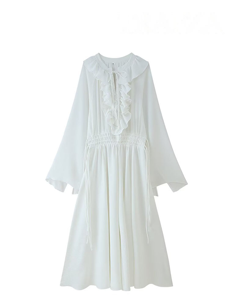 HH – robe longue blanche pour femmes, col en v, manches longues, bord à volants, décoration à lacets, Style plage, été