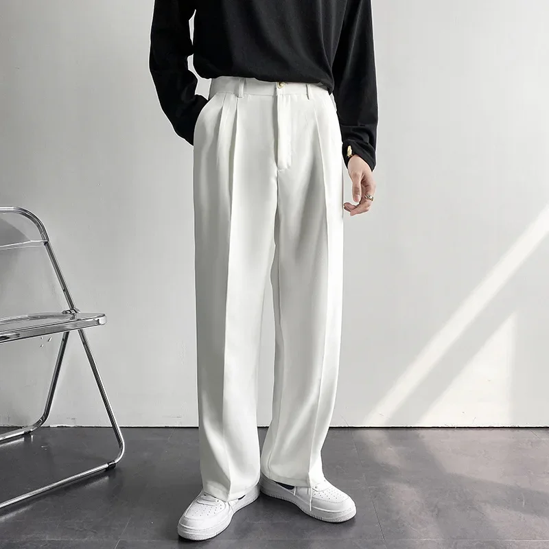 2024 printemps automne hommes à la mode blanc Style coréen pantalons décontractés rue drapé droit ample costume pantalon décontracté mâle