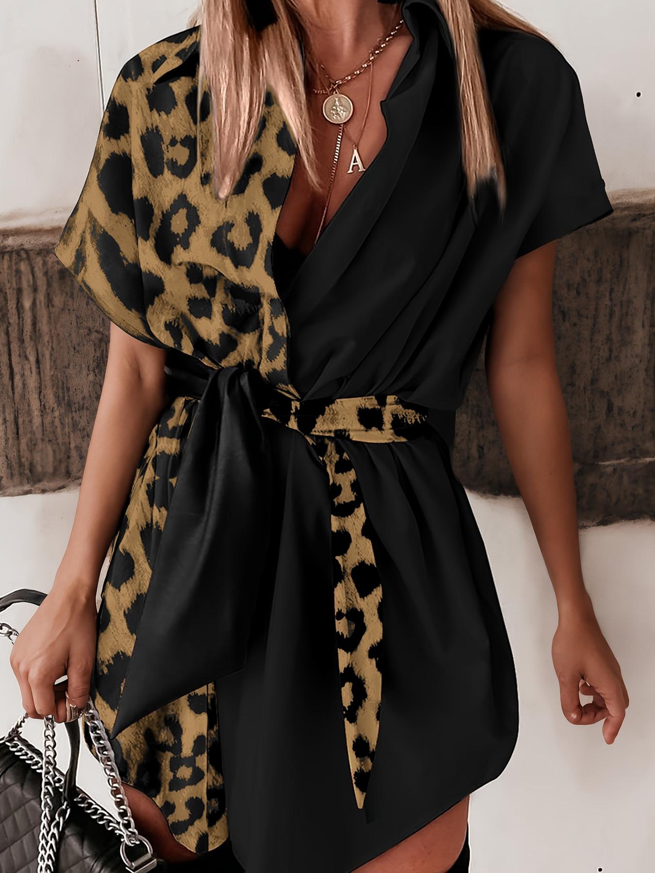 Robe chemise asymétrique à manches courtes pour femme, imprimé léopard uni, design contrastant bicolore, tenue décontractée tendance