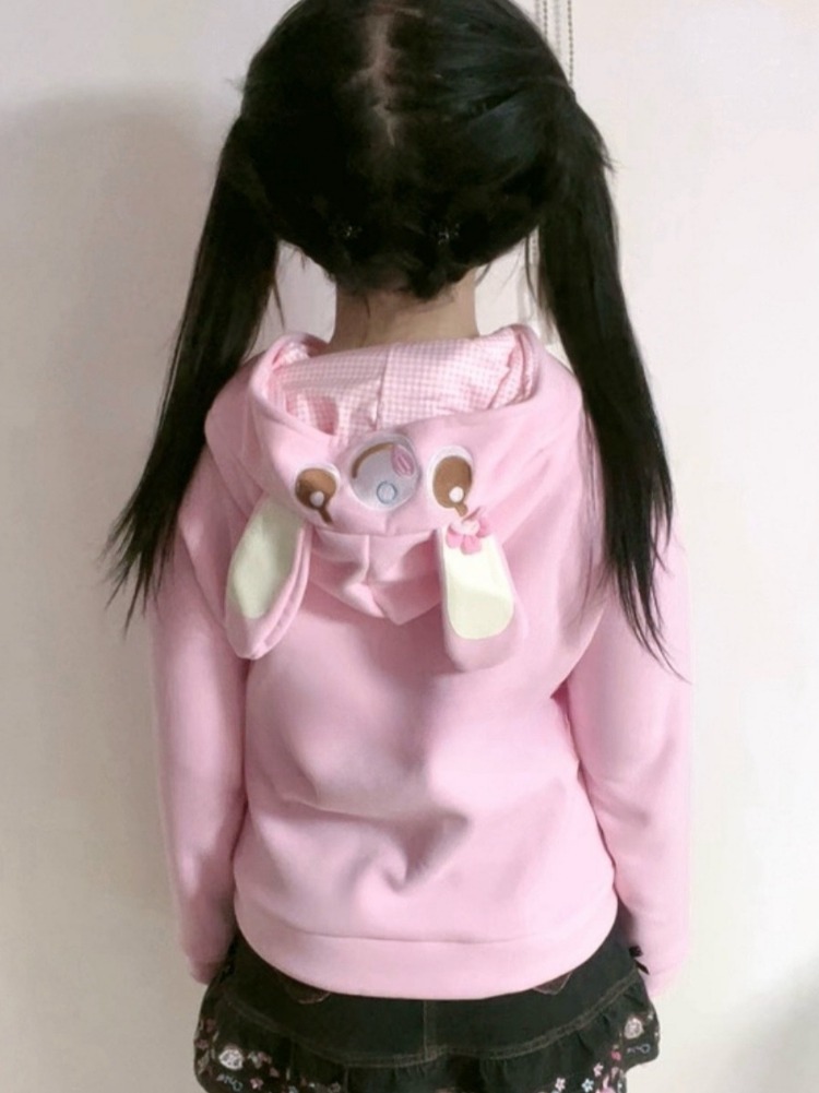 Manteau brodé de dessin animé japonais Kawaii pour femme, veste à capuche rose avec oreilles de lapin mignonnes, esthétique Y2k, Grunge, automne