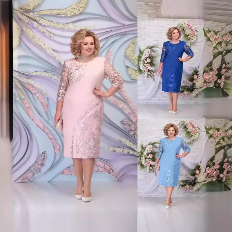 Robe de soirée brodée grande taille pour femme, col rond, manches sept-quarts, coupe ajustée, style cocktail