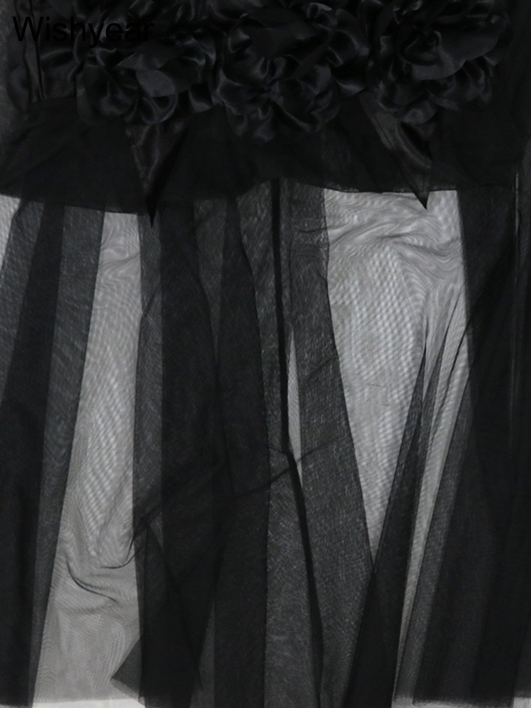 Robe de sirène en maille noire pour femme, robe longue transparente, fleur froncée, biscuits de luxe, robe de cocktail, robe d'anniversaire, robe de soirée de mariage, nouveau