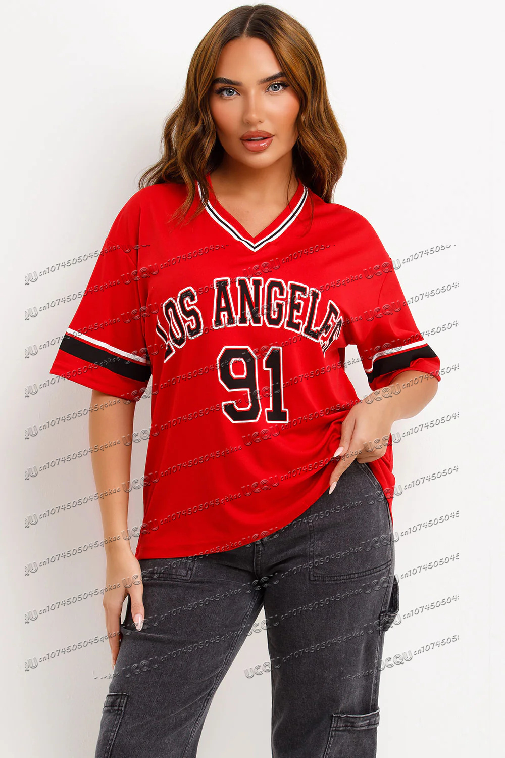 Vêtements de sport d'été Los Angeles No.91 pour femmes, T-shirt en Jersey, col en v, ample, mode, vêtements de rue, manches courtes, loisirs, vacances