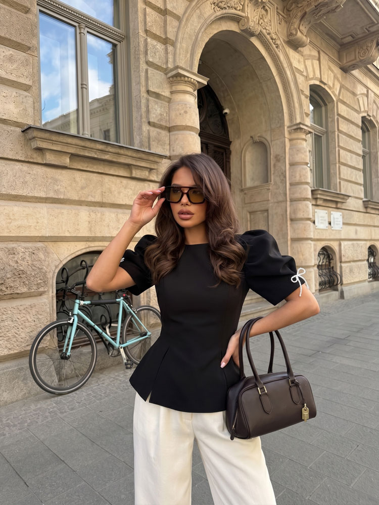 HH Femme T-shirt Noir Élégant Vintage à Col Rond, Manches Bouffantes et Nœud, Coupe Ajustée, Dos Nu, pour l'été, décontracté, les vacances et les soirées