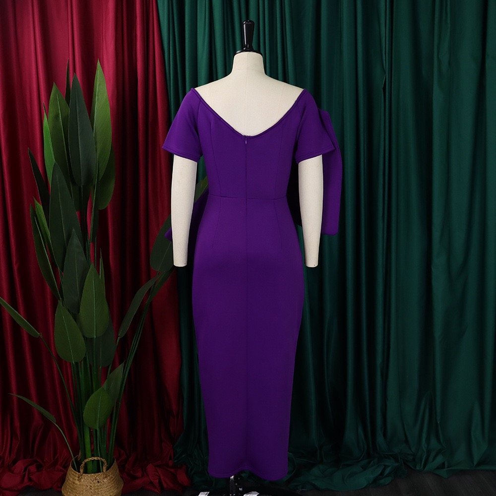 Robes de soirée élégantes pour femmes, col en V, manches courtes, grand nœud décoratif, gaine fendue sur le côté, longueur de rinçage, robe de soirée de luxe, nouveau, 2024