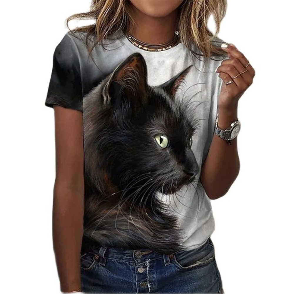 Mode femmes t-shirt chemisier à manches courtes T-Shirts Vintage Y2k Harajuku 3D chat impression vêtements noir Kawaii T-Shirts pour les femmes 2025