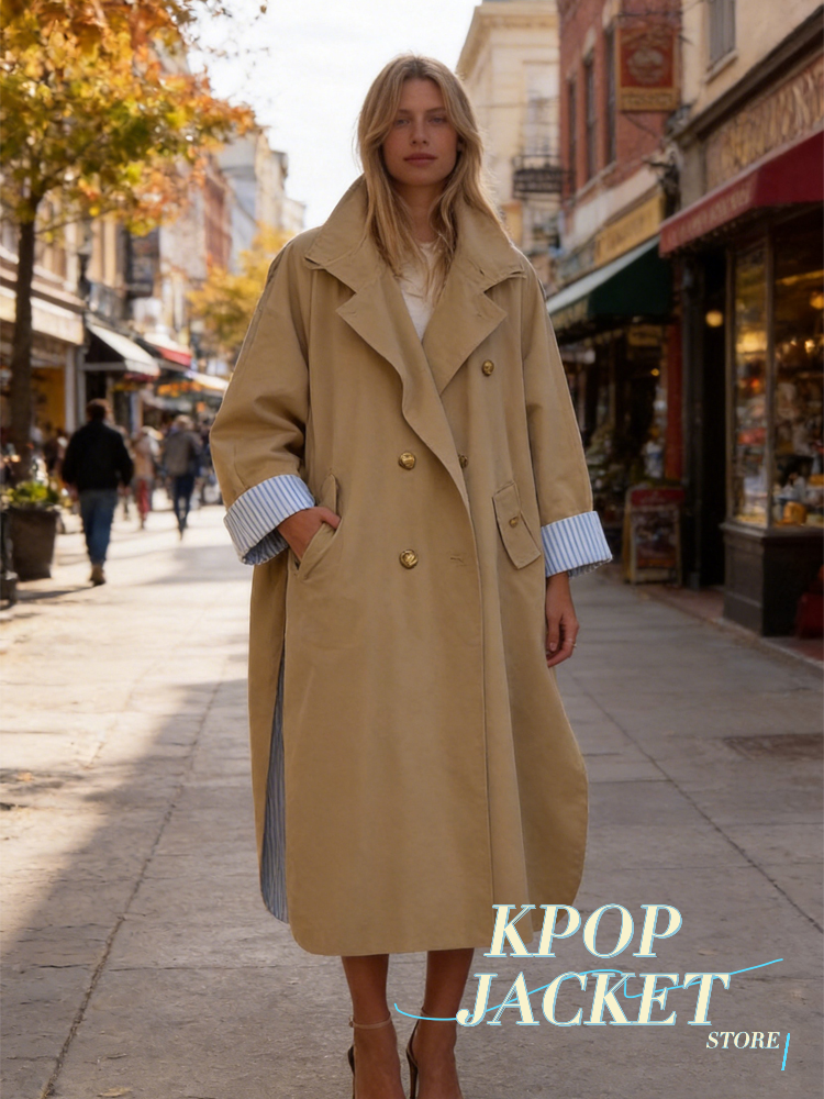 Manteau trench long kaki à rayures color-block pour femme 2026, col large, coupe ample, épaules tombantes, doublure bleue, fente latérale, idéal pour les trajets quotidiens et les sorties