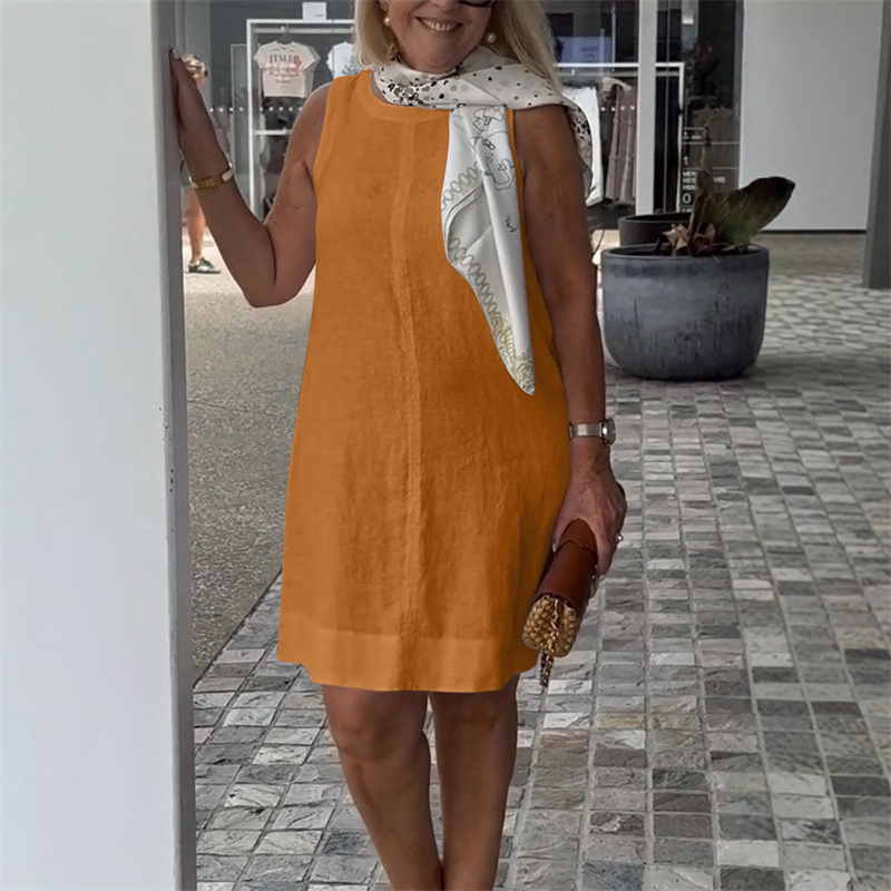 Femmes confortable coton lin couleur unie robes élégant col rond robe été décontracté banlieue taille haute sans manches robe 2025
