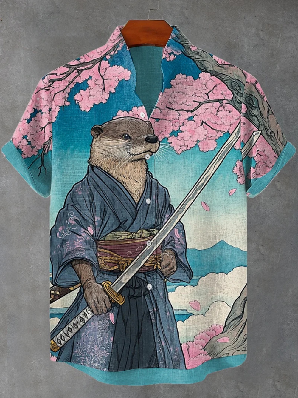 Chemise en lin imprimé chat Kimono de Style japonais pour hommes, col montant à la mode, manches courtes, expédition rapide, été