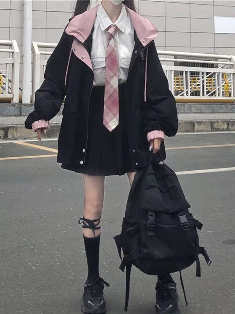 Veste Kawaii japonaise pour femmes, manteau à capuche surdimensionné de Style Preppy rose, mode coréenne, vêtements d'extérieur décontractés pour filles, automne 2023