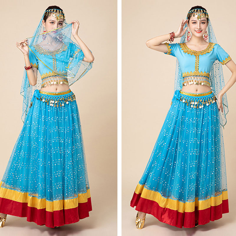 Ensemble de costumes de danse du ventre Bollywood pour femmes, hauts brillants, jupe, ceinture de taille, tenue de danse, ensemble de vêtements de carnaval pour spectacle sur scène