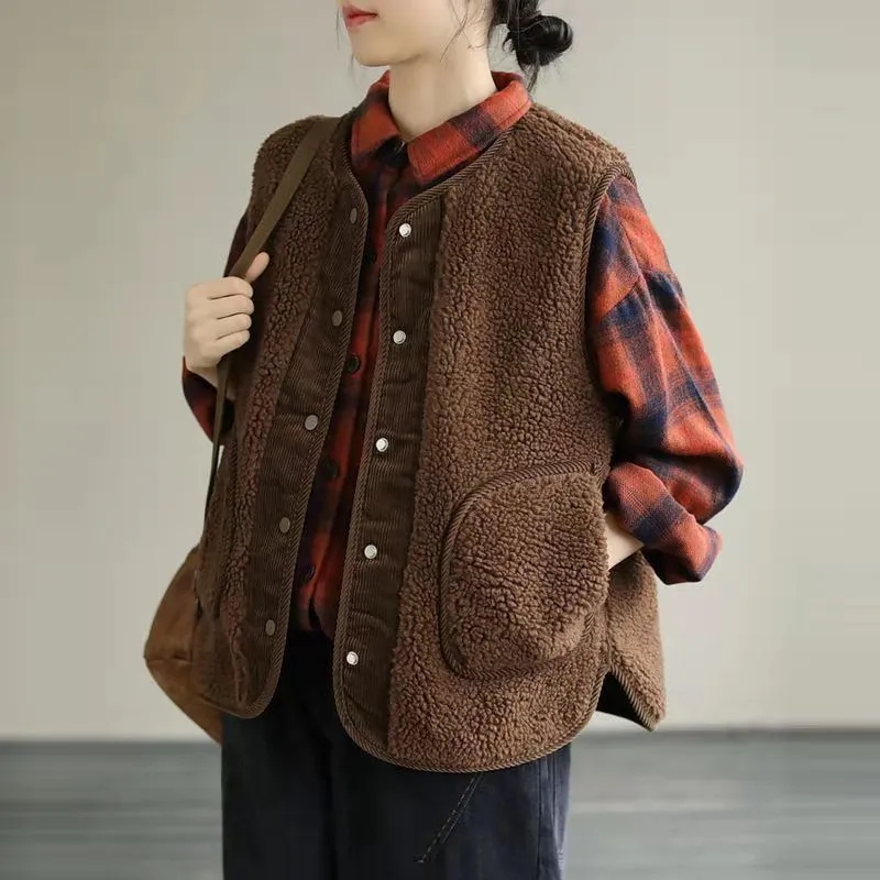 Nouveau gilet réversible double face pour femme, automne-hiver 2026, style littéraire, ample, sans manches, en velours côtelé