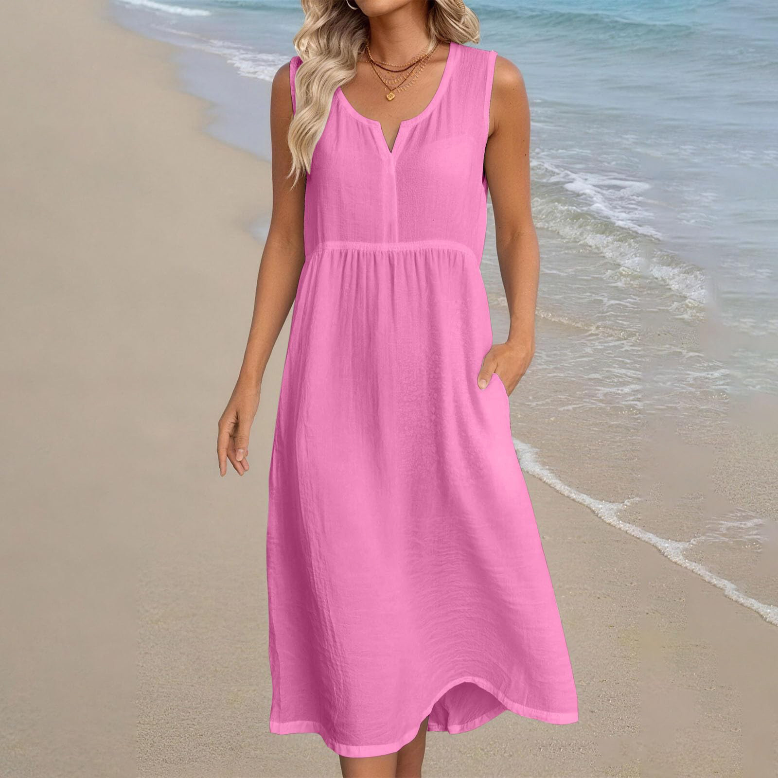 Robe midi en coton pour femmes, avec poches latérales, sans manches, col rond, taille haute, ample, décontractée, couleur unie, robe de plage, été