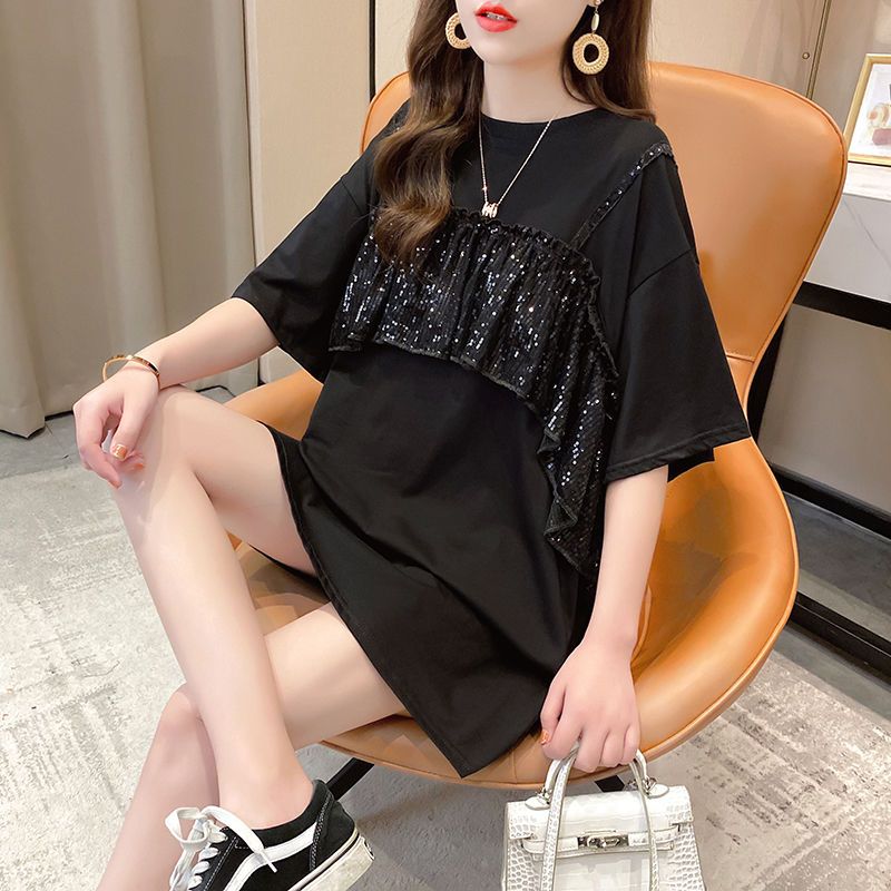 T-shirt à manches courtes à col rond pour femmes, faux pulls deux pièces, épissé, paillettes, décontracté, lettre, été