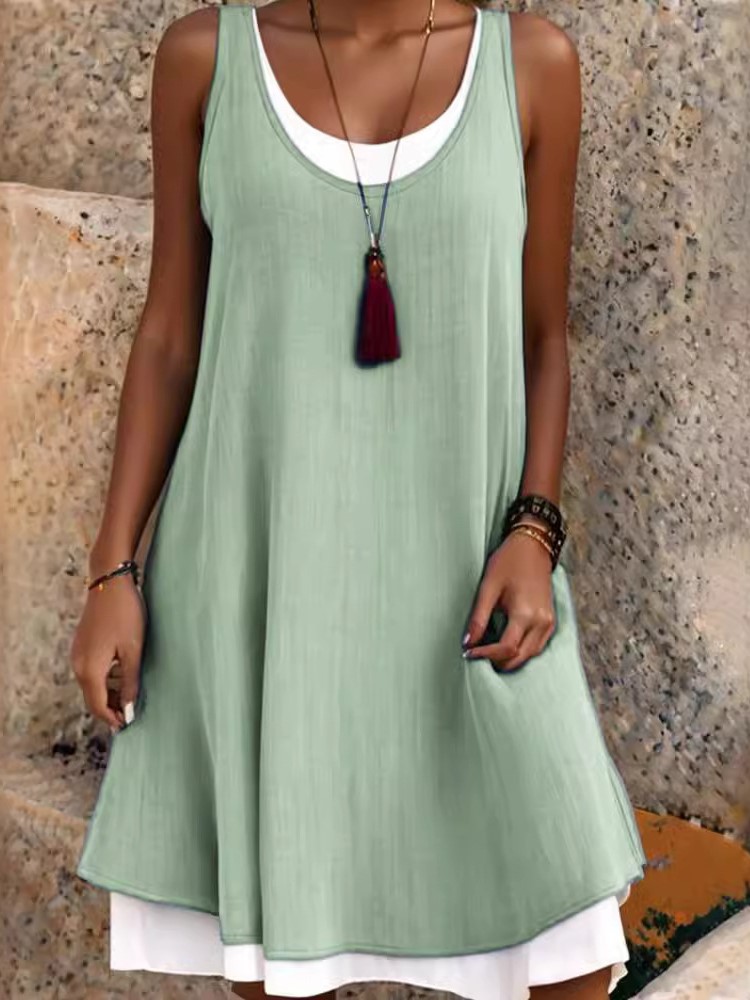 Robe verte décontractée pour femmes, faux deux pièces, robes élégantes, mode féminine, bureau, vacances, robe de plage, été, nouveau