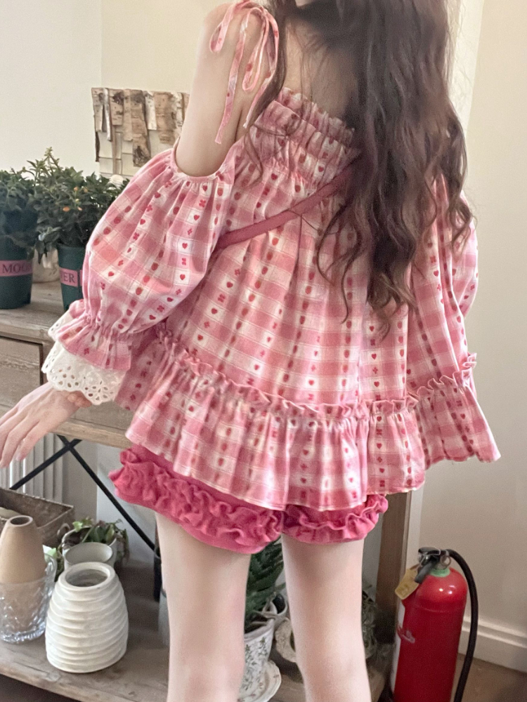 Ensemble deux pièces à carreaux Kawaii pour femmes, short décontracté en Y à volants, vêtements d'été doux, ensembles coréens Sutit, mode d'été Y2k