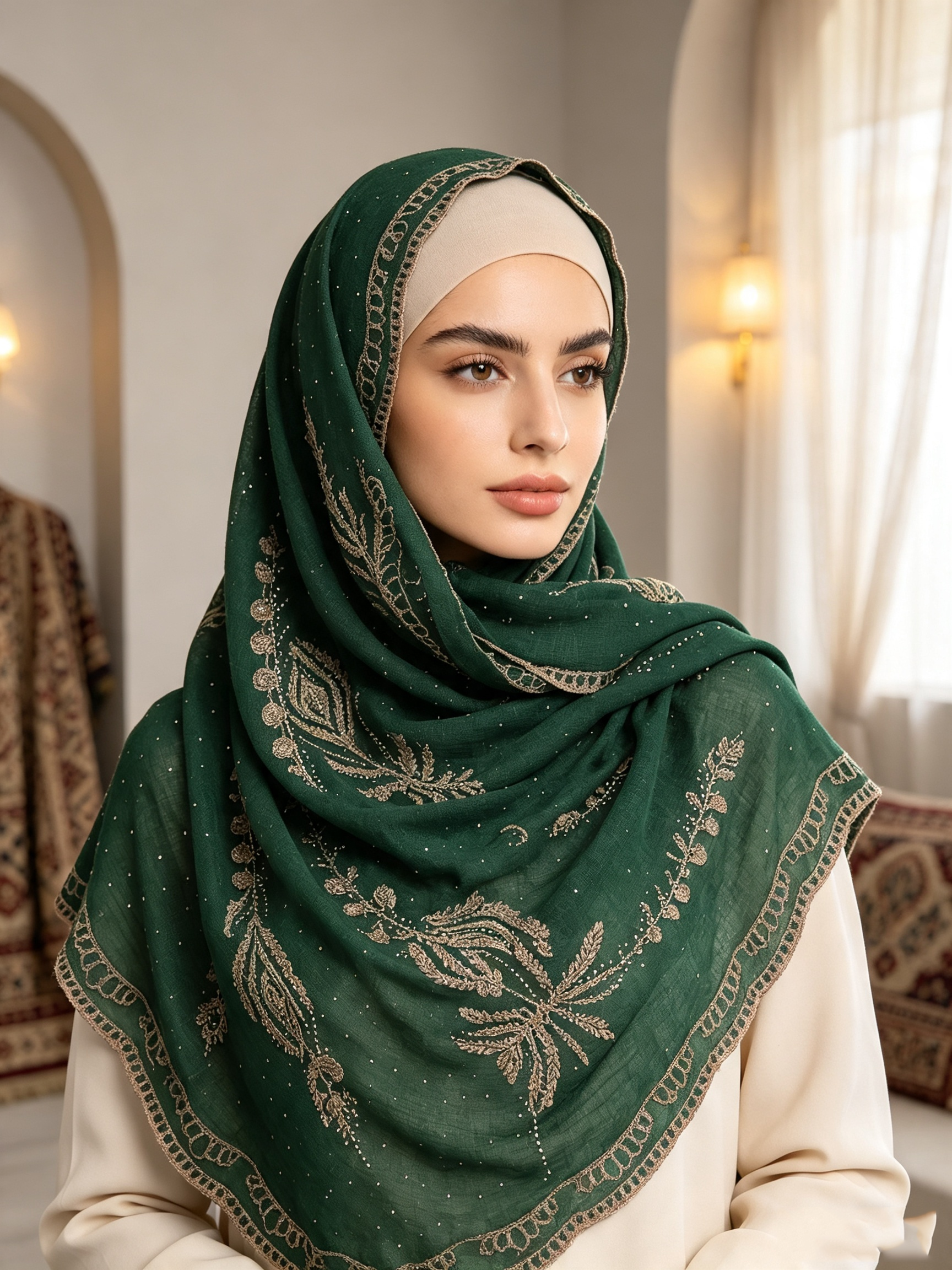 Hijab de luxe doré à broderie ethnique, orné de strass et de dentelle, foulard doux et texturé pour femmes musulmanes.