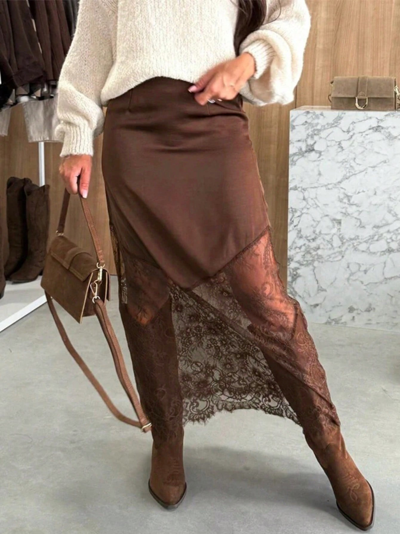Jupe élégante pour femme, en satin et dentelle avec bordure en cils, taille élastique, style polyvalent pour les quatre saisons, idéale