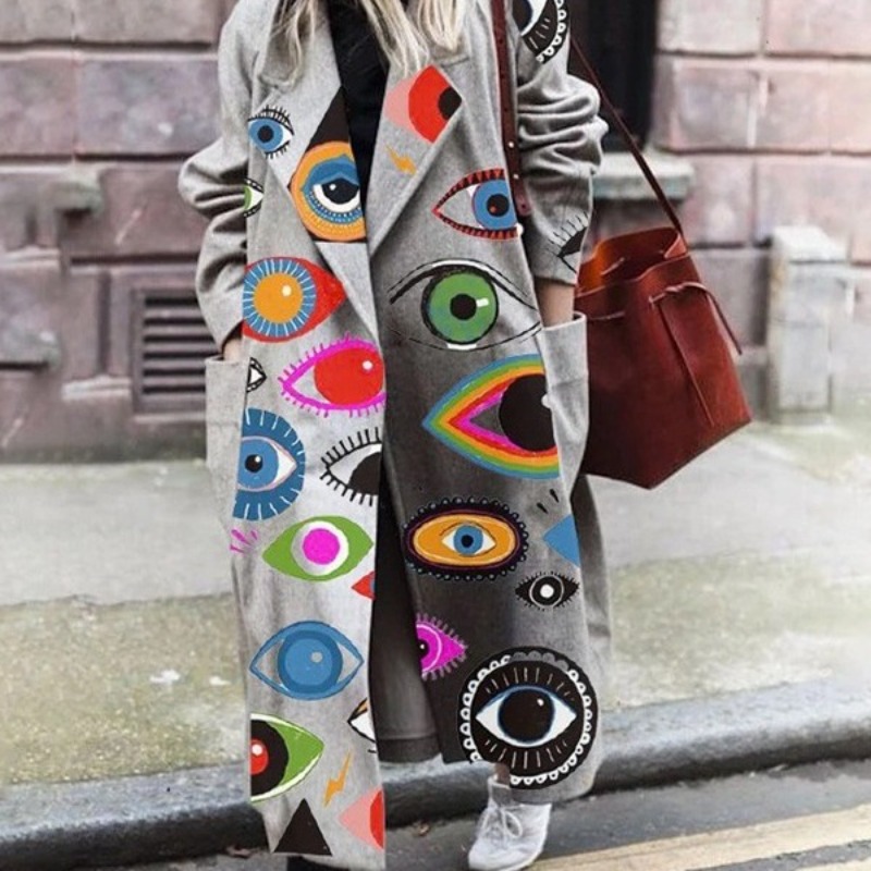 Femmes élégantes pardessus nouveau 2025 automne hiver col rabattu bouton poches impression couleur chaud régulier manches longues manteau