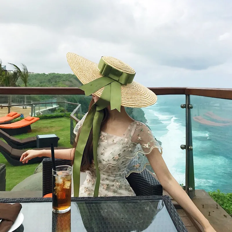 Chapeaux de plage à large bord pour femmes, 15/18cm, élégant, romantique, grand chapeau de soleil avec Protection Uv, avec cravate au cou, casquettes de paille surdimensionnées à dessus plat