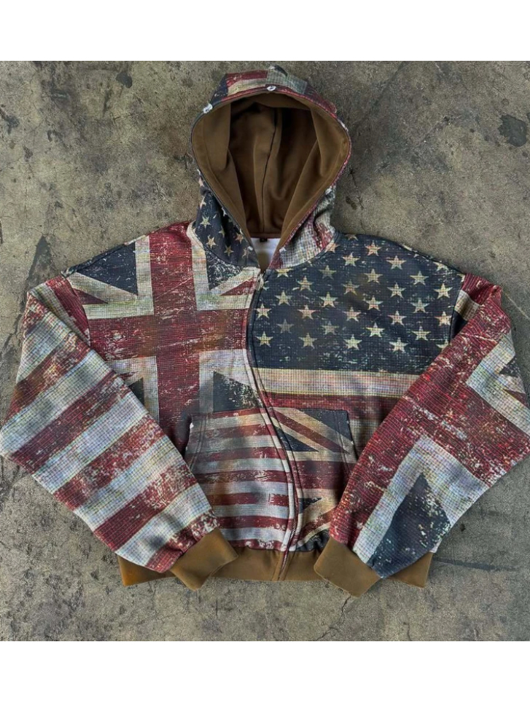 2026 Nouveau Femmes Zipper À Capuche Rétro Drapeau Imprimé À Capuche Sportswear Casual Street Wear Y2K À Manches Longues Top