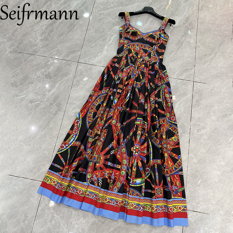 Robe longue décontractée en coton imprimé Seifrmann, col carré, sans manches, taille cintrée, nouvelle collection automne 2026 pour femme