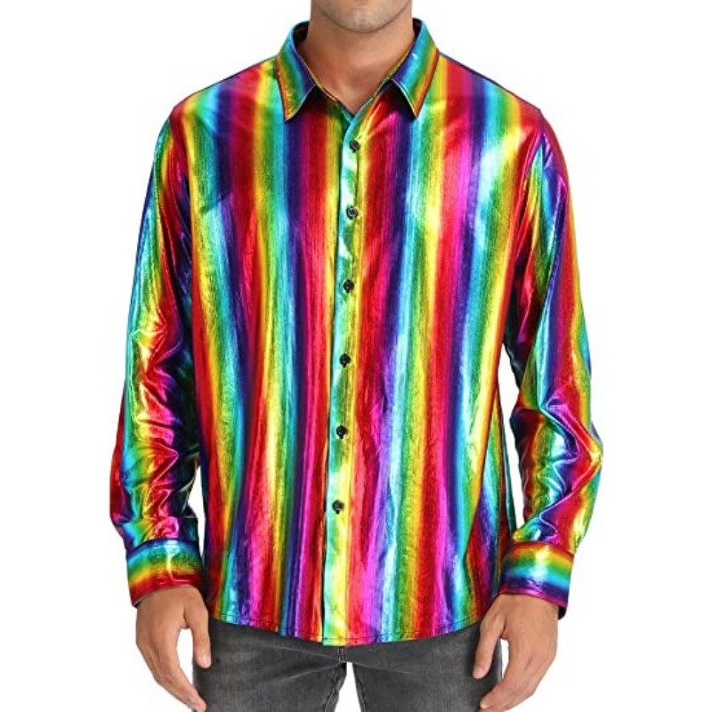 Chemise à paillettes dorées brillantes pour hommes, coupe cintrée, manches longues, chemises habillées des années 70, discothèque, fête, scène, Costume de chanteur