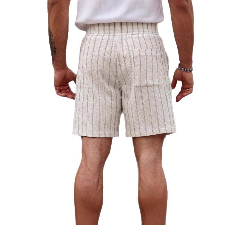 Shorts de plage décontractés en coton et lin pour hommes, taille élastique avec cordon, rayures, nouveau style été, coupe droite, non extensibles