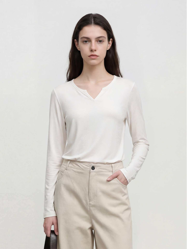 T-shirt 6% soie pour femmes, col en v, manches longues, doux, basique, confortable, couleur unie, printemps