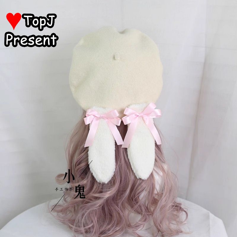 Béret gothique Lolita pour femmes, pelucheux, Harajuku, épicé, oreilles de lapin, polyvalent, rétro, Style Miss, nœud de printemps, perle, chapeau Original