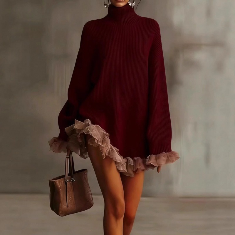 Robe pull col roulé pour femme, automne, à volants, manches longues, décontractée, élégante, mini, tricotée, coupe oversize, vêtements d'hiver