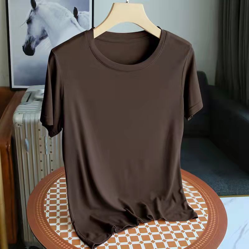 Mode 2025 nouveau coréen femmes Modal col rond manches courtes T-Shirt café couleur unie décontracté été dame vêtements T-Shirt haut basique