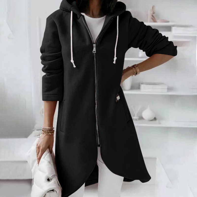 Veste à Capuche Longue pour Femme, Manteau avec Fermeture Éclair, Couleur Unie, Décontracté, Poches, Vêtements d'Extérieur, Automne et Hiver
