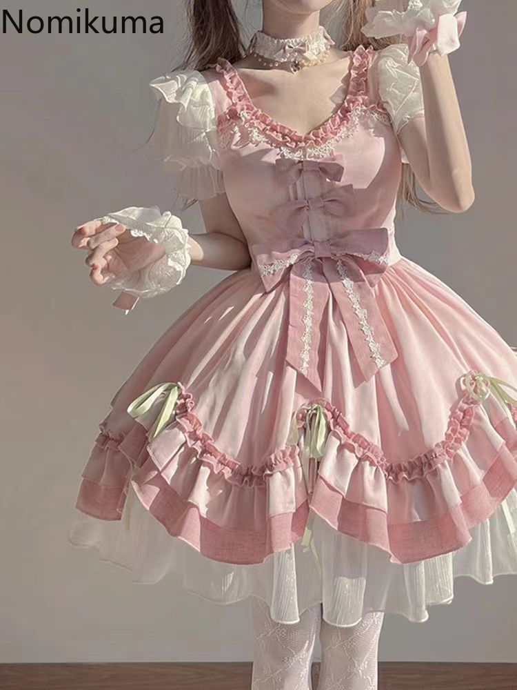 Robe rose douce femmes vêtements Style Lolita japonais mignon Robe Femme 2025 robes De Mujer nœud plis a-ligne robes d'été mignonnes