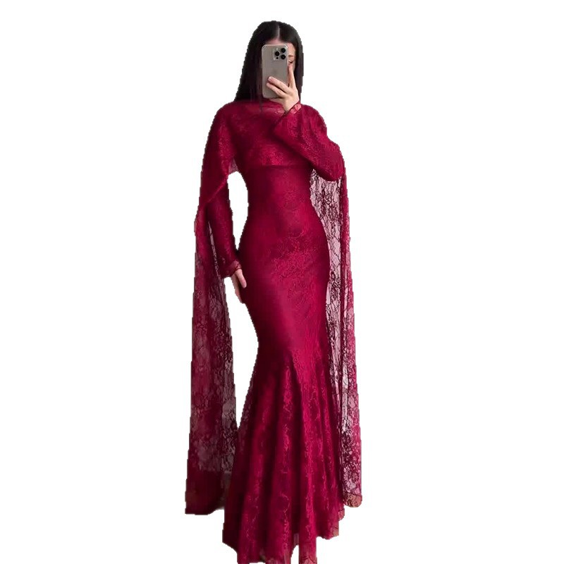 Robe longue femme en dentelle, coupe trapèze, col rond, manches longues, style sirène, élégante, ajustée, pour soirée et mariage 2026