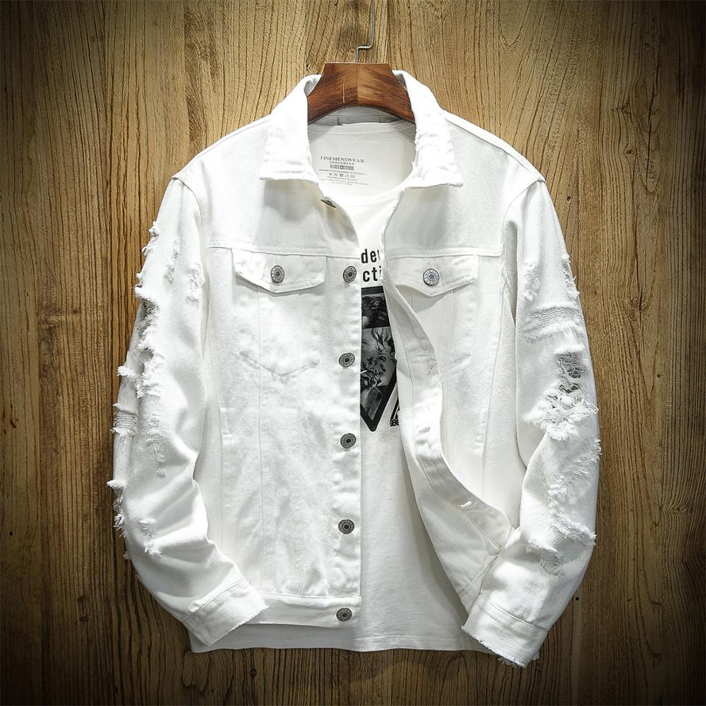 Nouvelle Veste en Jean Homme Printemps-Automne Coupe Slim en Coton Denim Blanche Déchirée avec Trous Manteau Jean Homme Vêtement d'extérieur Jeunesse Homme 6XL