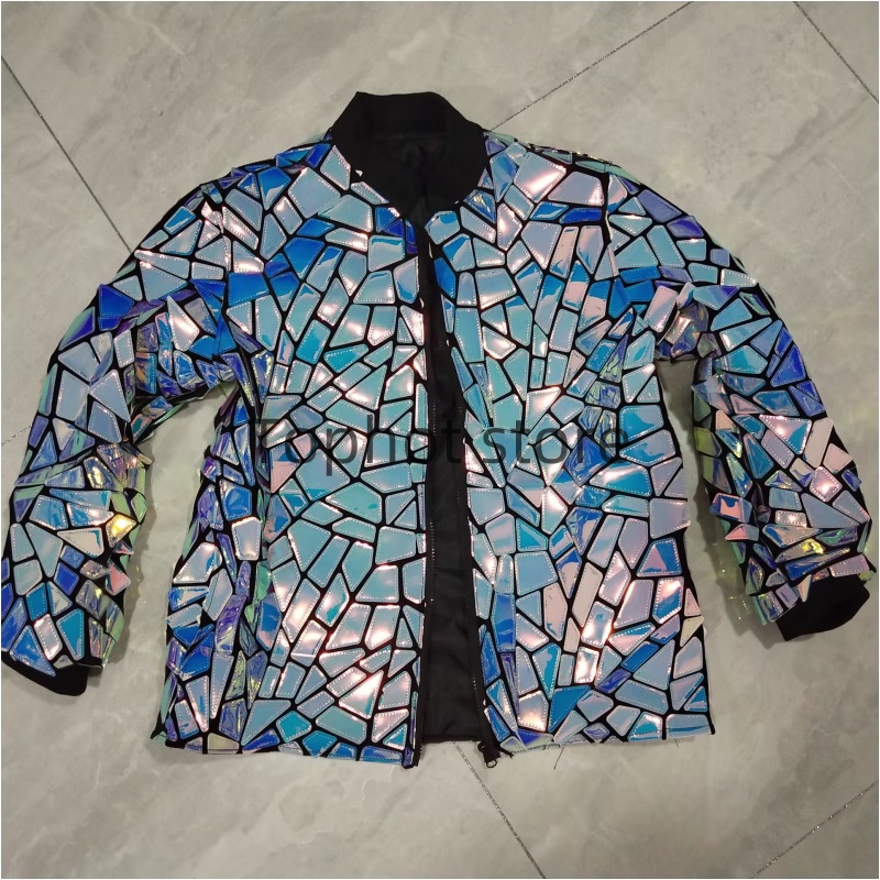 Veste miroir argentée, manteau décontracté à paillettes pour homme, Costume de spectacle sur scène étoile de chanteur, manches longues, Slim