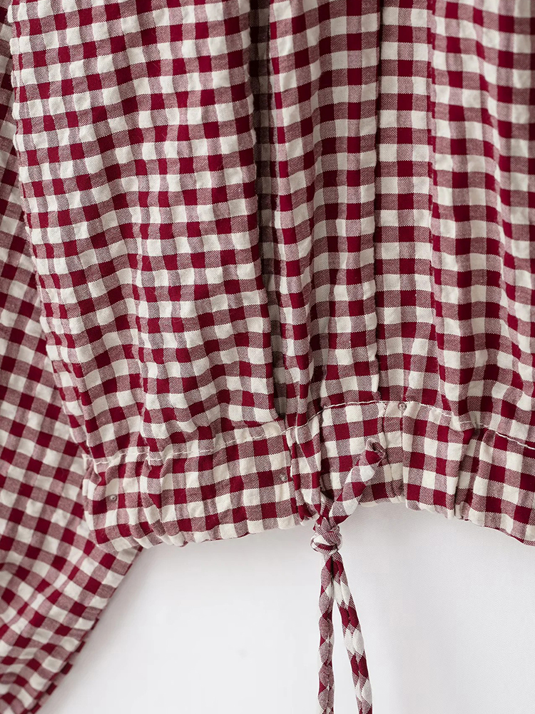 Veste courte à carreaux vintage pour femme, col montant avec ourlet à cordon, manches longues, manteau boutonné, manteau décontracté d'automne pour femme ﻿