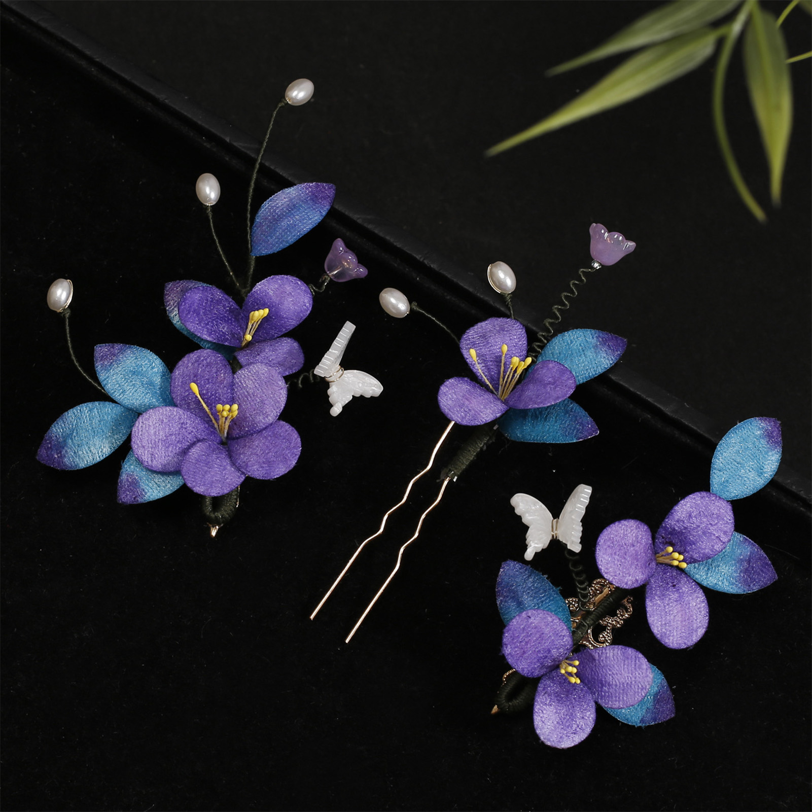 Épingle à cheveux en Faux velours violet, accessoires pour cheveux de Style ancien, artisanat en filigrane fait à la main pour la photographie de Cosplay Hanfu, 1/3 pièces