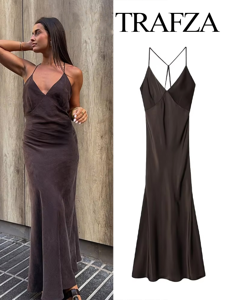 HH 2025 femme col en v dos nu sous-vêtements Style robe femmes été nouveau solide Chic fermeture éclair sans manches vacances Style longue robe