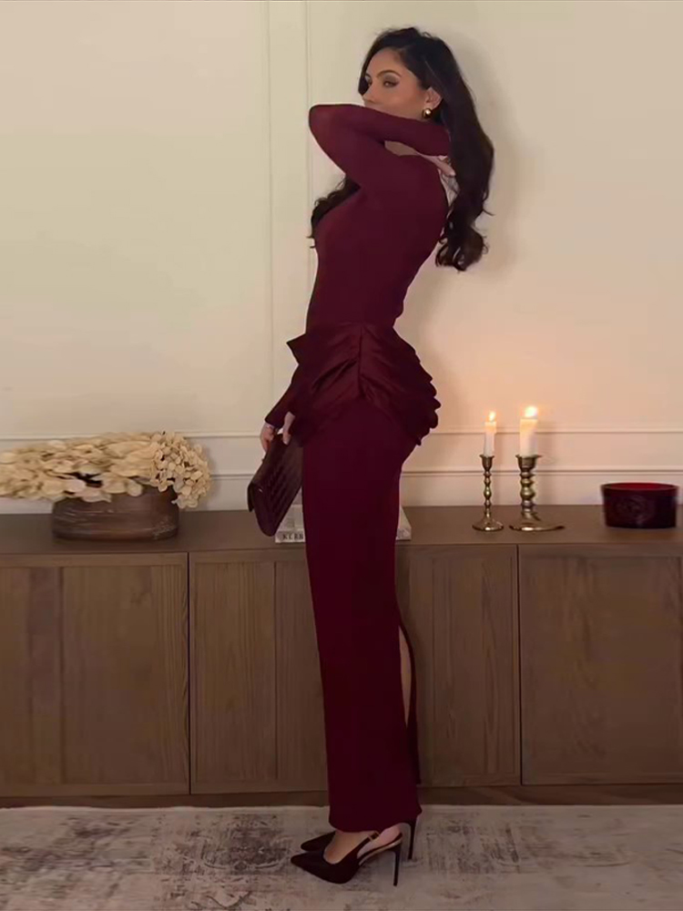 Robe de soirée froncée pour femmes, Sexy, élégante, Slim, col rond, taille cintrée, Maxi, hiver, 2025