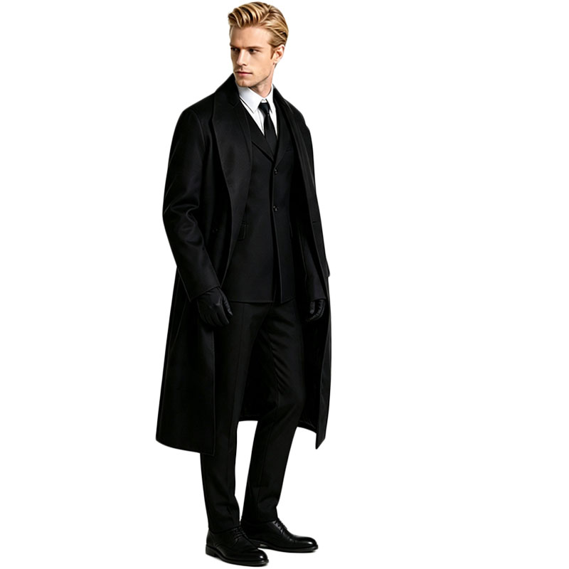 Costume complet pour homme noir : veste longue, gilet, chemise, cravate, gants – Idéal pour Halloween, carnaval, fête, cosplay pour hommes adultes