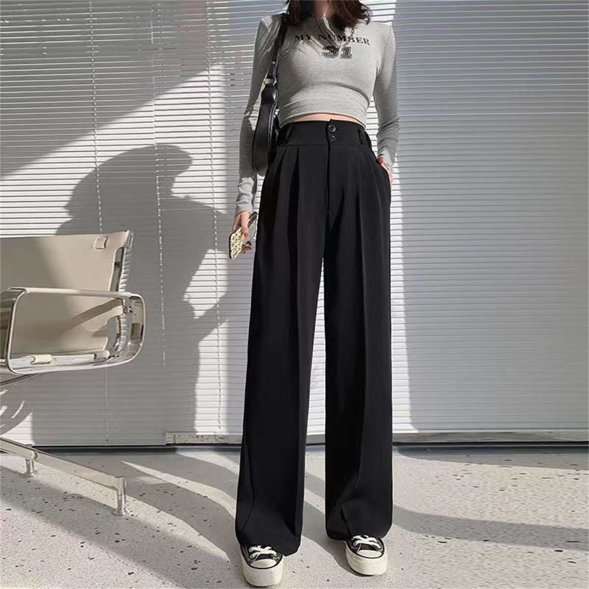 Mode taille haute pantalon à jambes larges femmes printemps automne Baggy pantalon noir bureau dames pleine longueur costume droit pantalon vêtements d'extérieur nouveau