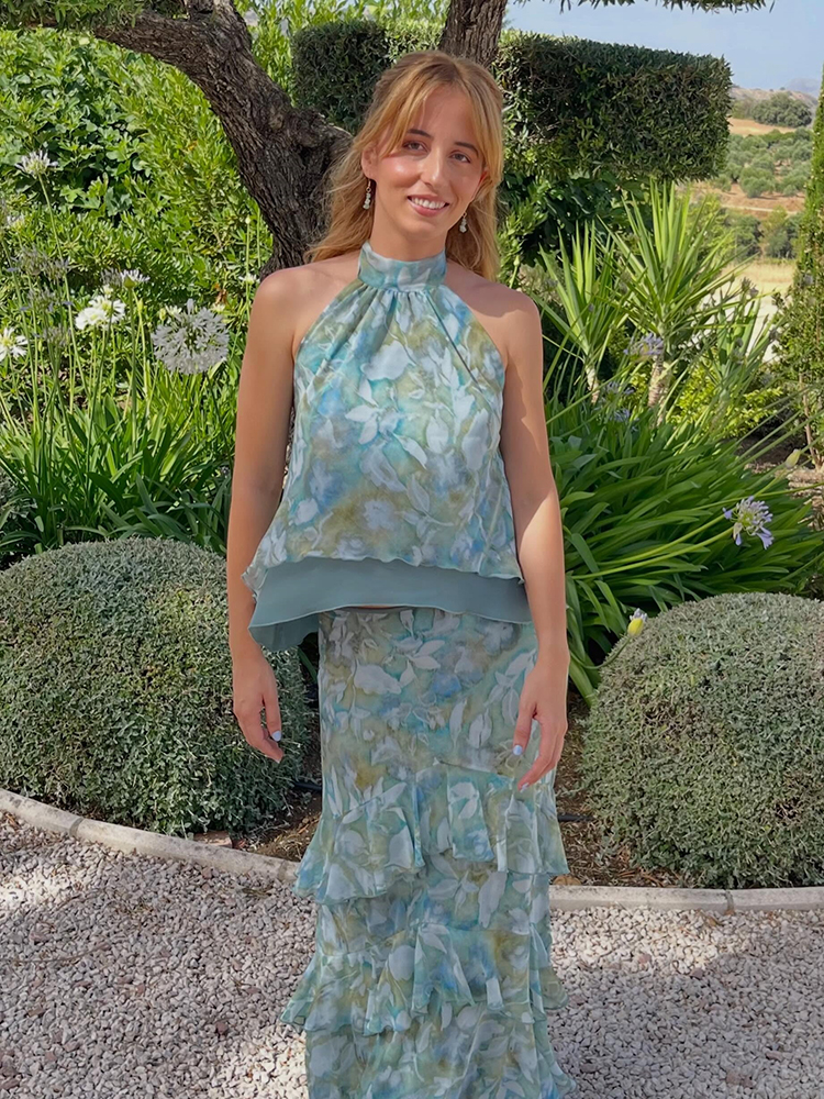 Ensemble deux pièces en mousseline à imprimé floral pour femme, chemisier sans manches à col halter et jupe midi à volants superposés à taille contrastante, tenue de vacances