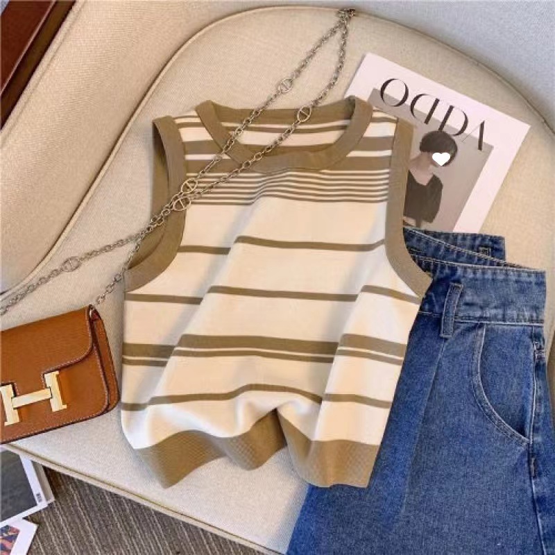 Débardeur sans manches en tricot rayé pour femmes, décontracté, avec robe contrastée (rose/noir et blanc)