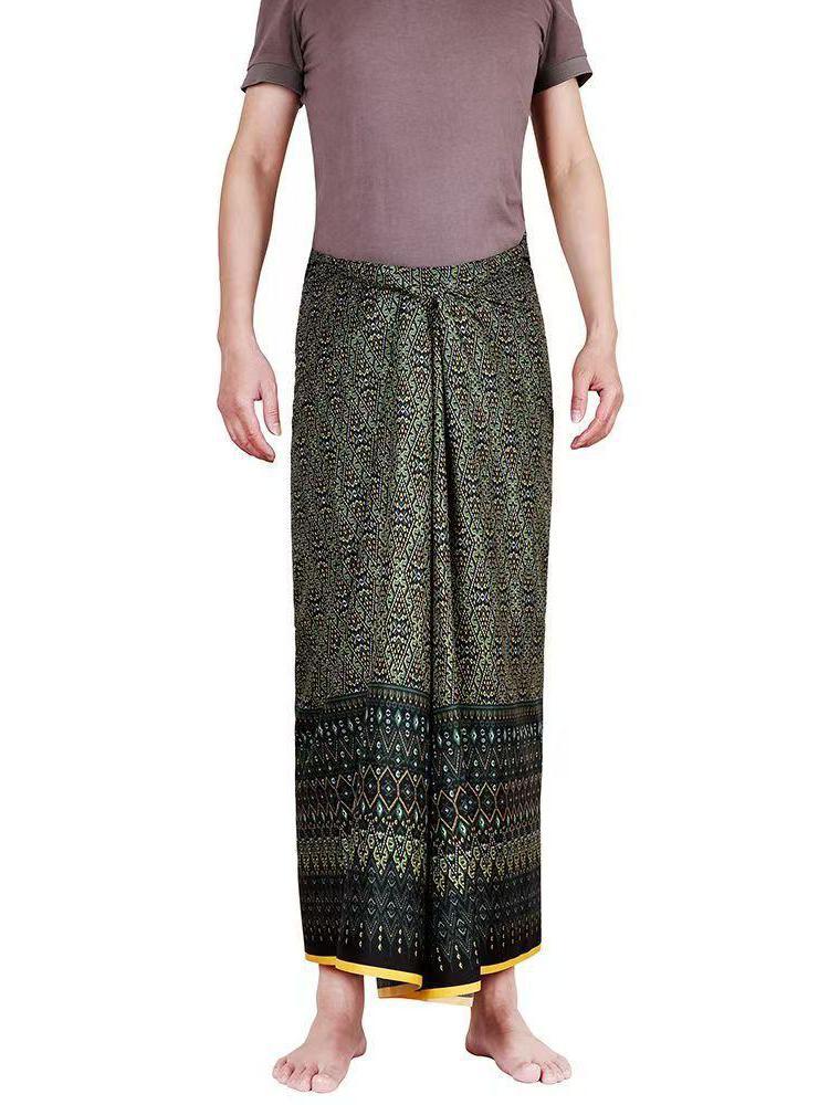 Sarong unisexe Longyi Lungi Batik, jupe portefeuille à imprimé floral d'Asie du Sud-Est, pour l'été, la plage, les vacances décontractées, bleu sarcelle avec bordure dorée, style thaïlandais.